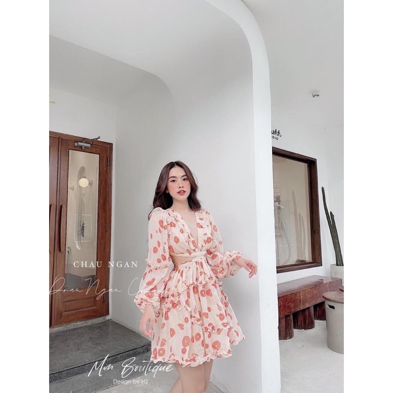 ĐẦM HOA ĐAN LƯNG HỞ EO DÁNG XOÈ