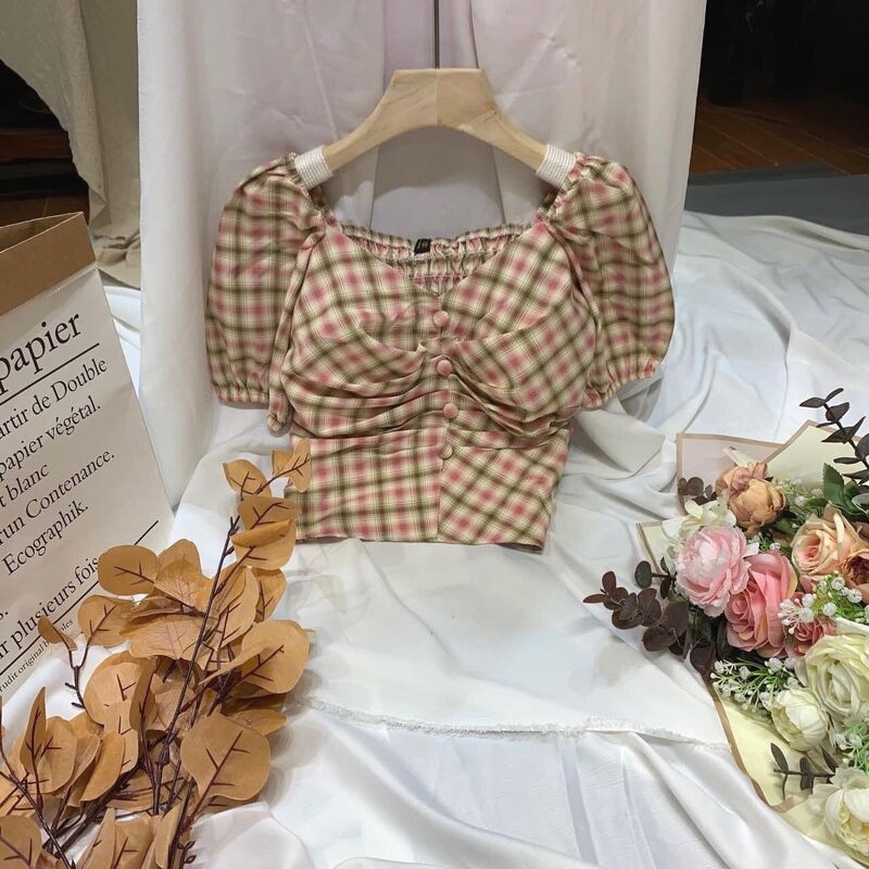 Áo kẻ tay bồng khuy nhún ngực nhiều màu sắc