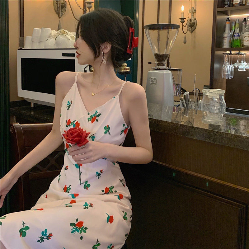 Váy Yếm Cổ Chữ V Hở Lưng In Hoa Xinh Xắn Cho Nữ