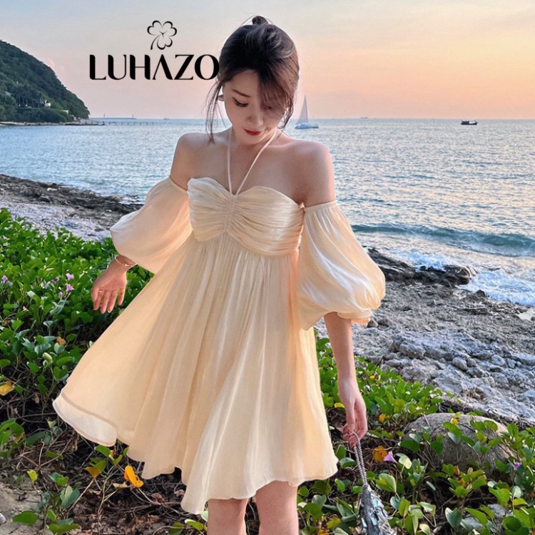 Váy trắng LUHAZO đi biển nữ đẹp trễ vai cúp ngực maxi 2 dây dài rộng bigsize kiểu  vintage hở lưng óng ánh DK2t4