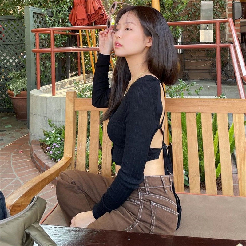 Áo kiểu tay dài cổ chữ V thiết kế thanh lịch