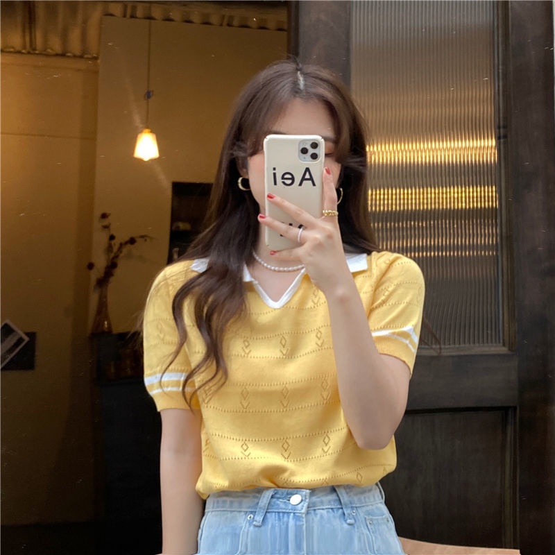 Áo Thun POLO Phối Màu Tương Phản Dáng Ôm Thời Trang Mùa Hè Hàn Quốc Hàng Mới Dành Cho Bạn Nữ