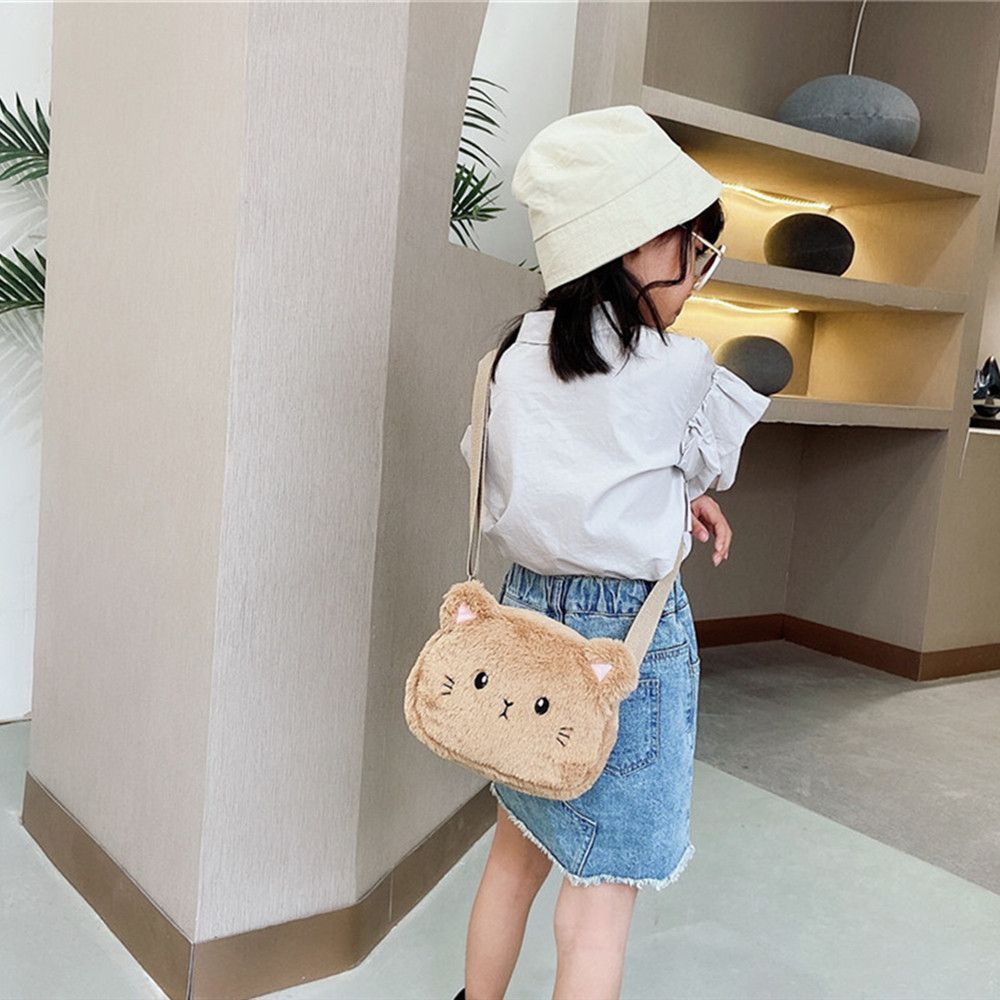 Túi đeo vải lông nhung mềm hình mèo hoạt hình dễ thương thời trang cho bé gái