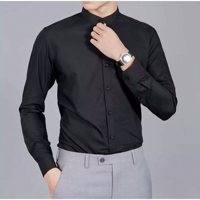 Áo sơ mi nam cotton lụa trơn mát cổ trụ dáng Hàn Quốc chuẩn đẹp sang trọng
