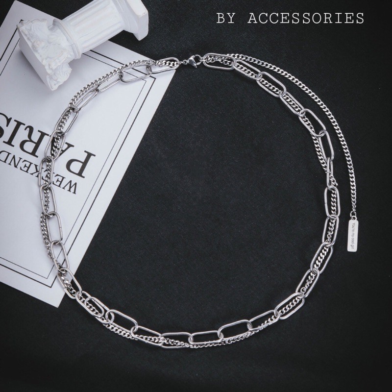 Vòng cổ titan xích kép lồng nhau phối tag thả dài không gỉ