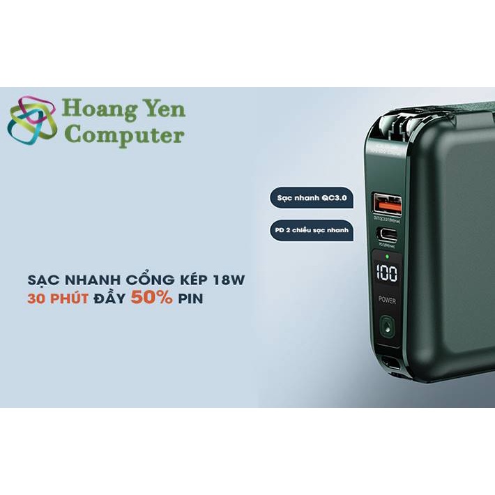 Sạc Dự Phòng Remax RPP-145 10000Mah (Sạc Nhanh QC3.0, PD18W), Tích Hợp Cáp Sạc, Nguồn AC Sạc Trực Tiếp - BH 1 Năm