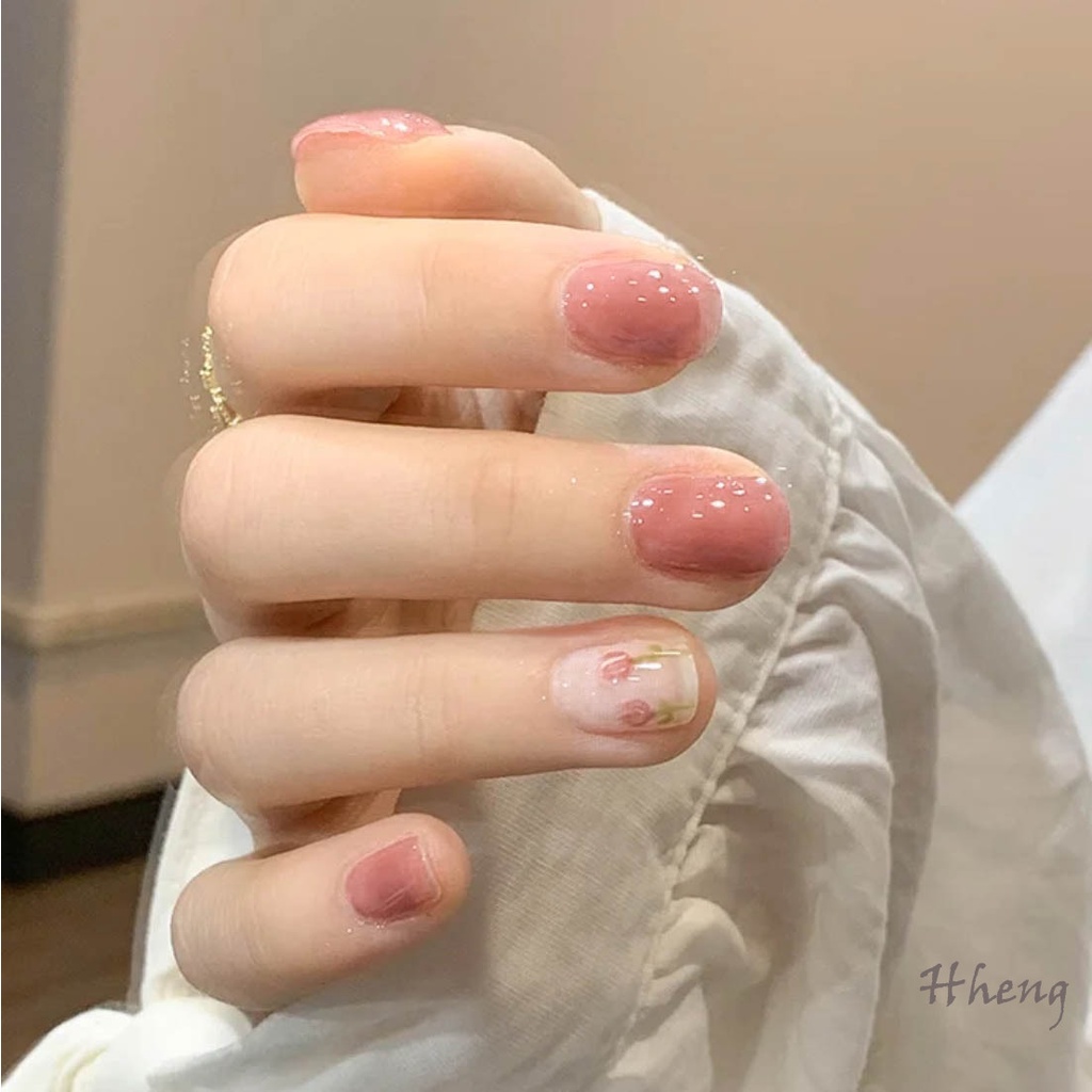 YADORNOS Set 24 Móng Tay Giả Ngắn Màu Nude Dạng Keo Dán Màu Nude Hình Hoa Tulip Thời Trang Có Thể Tháo Rời