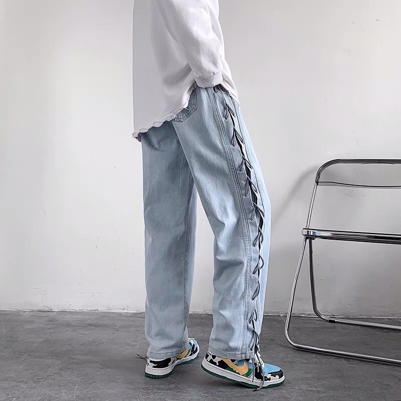 Quần bò jeans ống rộng đan dây eo chun hiphop Ulzzang siêu chất ❤️