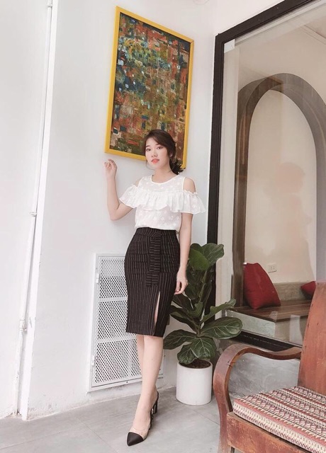 Chân váy 💕[FREESHIP]💕Giảm 20k [CHAN VAY] Chân váy bút chì kẻ sọc thắt nơ, chất vải tây có lót | BigBuy360 - bigbuy360.vn