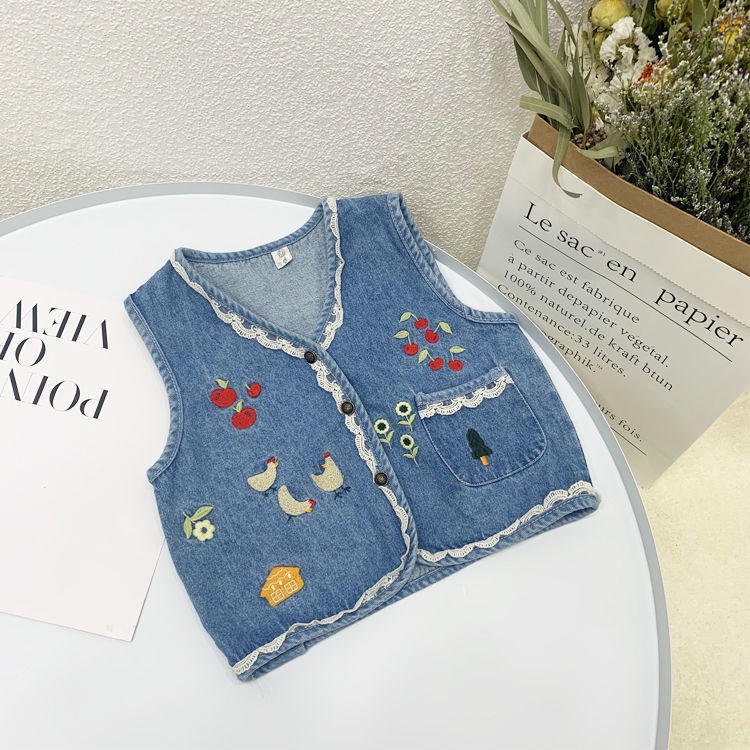 Áo Khoác Denim Không Tay Cổ Chữ V Thêu Họa Tiết Thời Trang Xuân Thu Dành Cho Bé Gái 0 Tuổi
