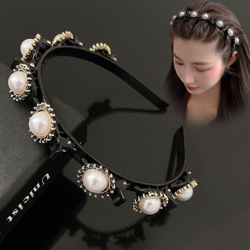 Băng đô cài tóc rửa mặt Hai Lớp Đính Hạt Ngọc Trai Xinh Xắn Cho Nữ