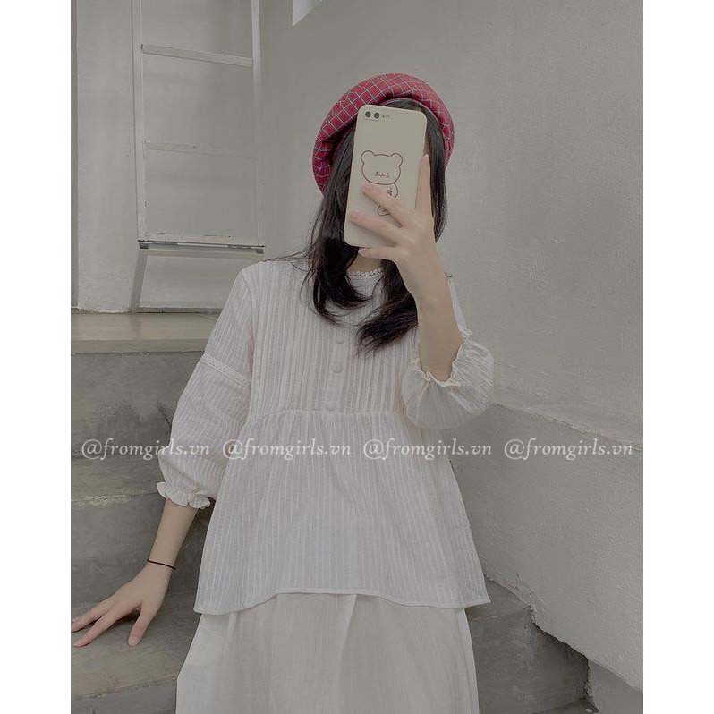 Áo babydoll dài tay xếp ly ngực cúc bọc tay chun vintage  - BBD05FG