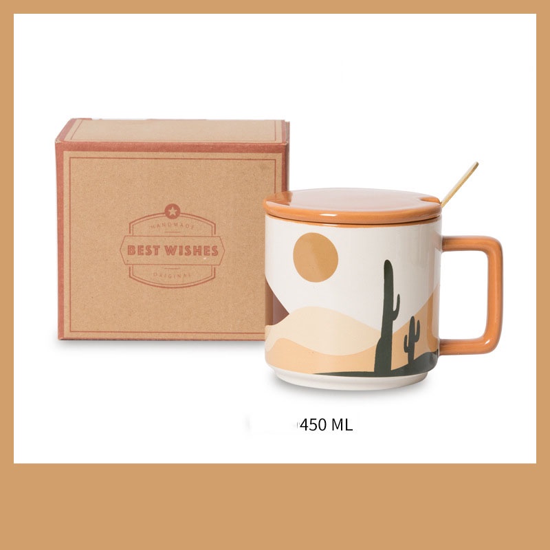 Cốc ly sứ The Oasis kèm nắp và thìa họa tiết cây xương rồng, cây dừa, dùng đựng trà, cafe, nước uống hằng ngày, quà tặng