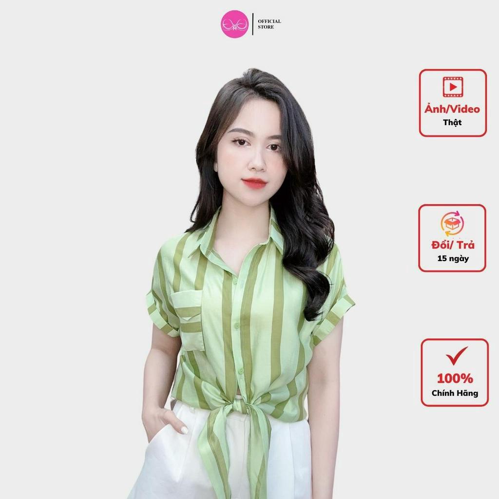 Áo sơ mi kẻ nữ tơ nhật thắt nơ eo siêu xinh Evaloverfashion