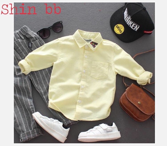 8-25kg. ÁO SƠ MI DÀI TAY BÉ TRAI CỔ THÊU CHỮ A BỐN MÀU CƠ BẢN SANG CHẢNH