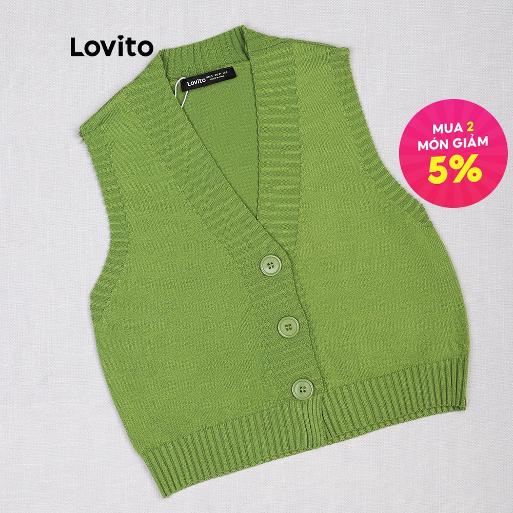 Áo khoác cardigan Lovito không tay cổ chữ V màu trơn cơ bản phong cách giáng sinh preppy L07114 (Màu xanh lá)