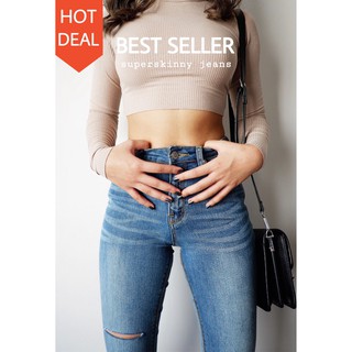 Quần jean nữ lưng cao skinny xanh nhạt rách đùi ống dài 7CELEB