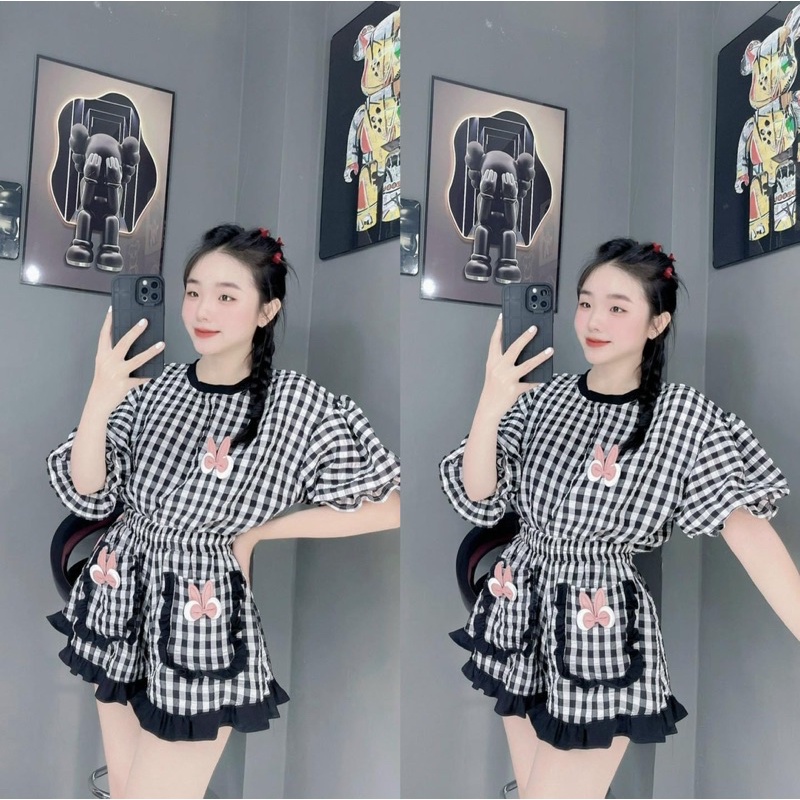 Set caro xinh yêu quần bèo phối viền đủ màu