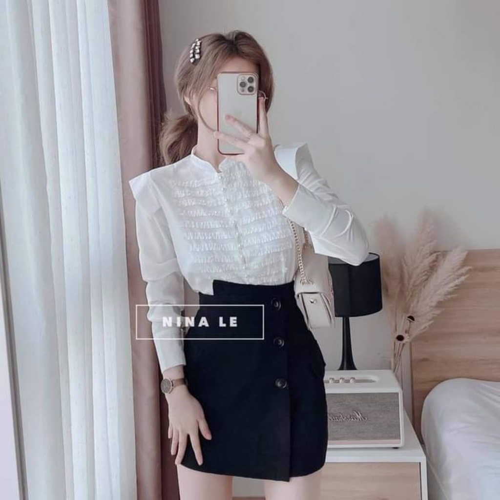 Áo kiểu nữ đẹp phối ren tay dài khuyu ngọc tiểu thư bánh bèo hàn quốc màu trắng tay phồng sexy Liao fashion UV29