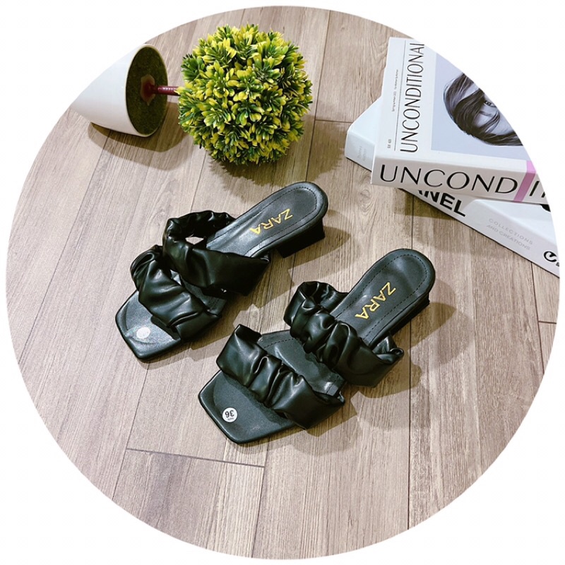 Dép 2 quai nhún da lì gót vuông 4 phân dễ đi