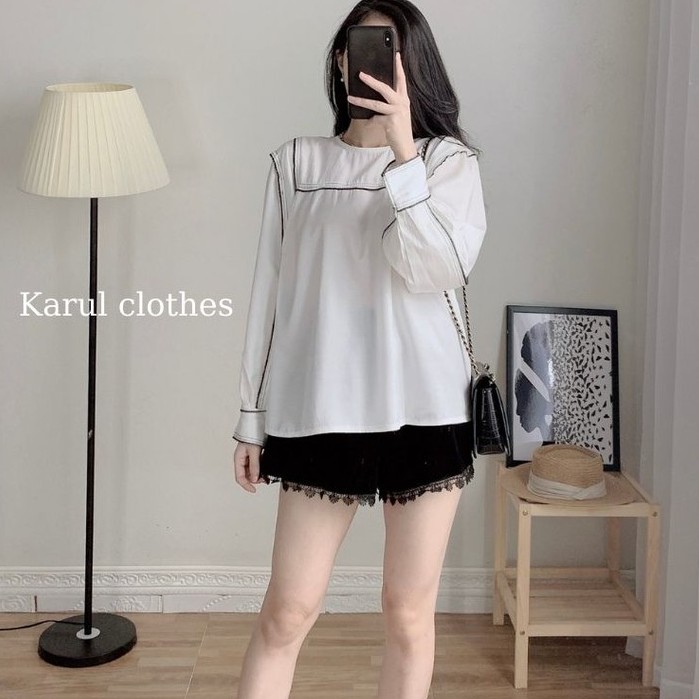 Áo sơ mi nữ trắng dài tay viền chỉ đen kiểu chui  babydoll khuy sau cổ - Áo sơ mi nữ  chất vải thô  trắng viền chỉ đen