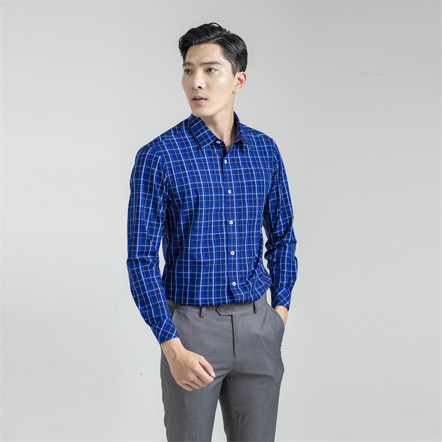 Áo sơ mi nam dài tay ARISTINO ALS26301 somi công sở vải sợi sồi màu xanh tím than kẻ trắng dáng suông tà lượn có túi