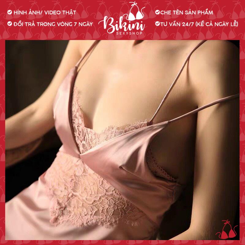 ❣️ Váy ngủ lụa 2 dây nữ phối ren xuyên thấu gợi cảm freesize màu đen/ trắng/ hồng SN10