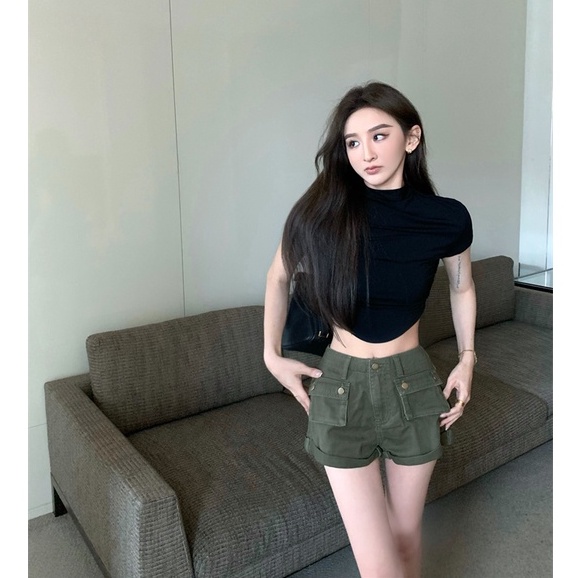 HUANG YOYO Áo thun tay ngắn cổ lọ dáng ôm thời trang mùa hè quyến rũ cá tính cho nữ