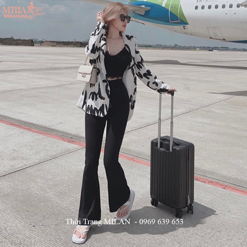 Quần ống loe cạp cao dáng dài 1 nút cài tôn dáng màu Đen - Quần tây ống loe lưng cao vải Vitex dày mềm đi học công sở