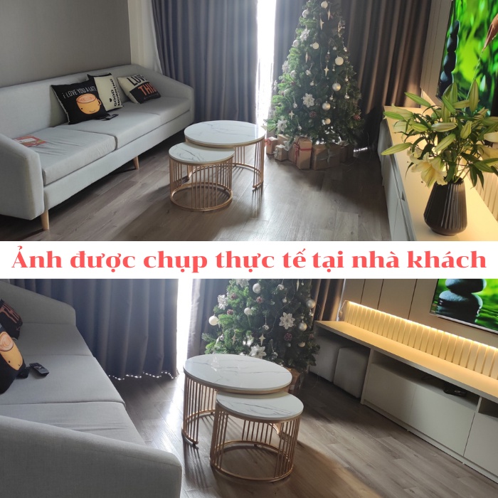 Bàn Trà Đôi Tròn Mặt Đá Chân Sắt, Bàn Sofa Uống Nước Phòng Khách Chất Liệu Đá Vân Cẩm Thạch