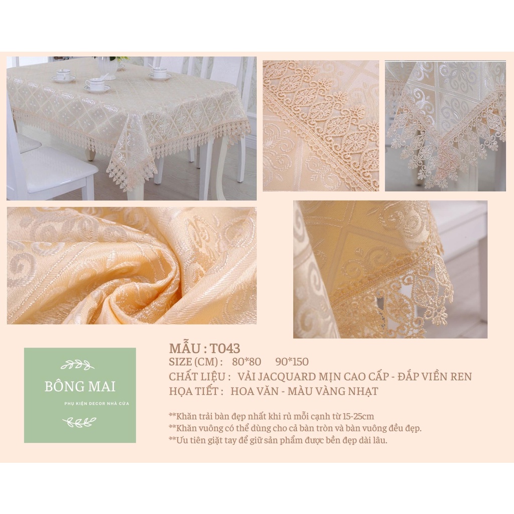 [90*150cm] Khăn trải bàn vải jacquard dệt nổi VIỀN REN màu VÀNG sang trọng thanh lịch [T043]