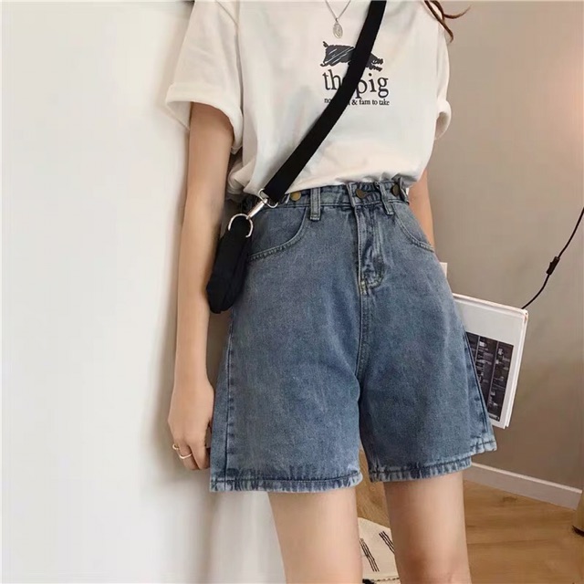 ( Sẵn xanh) Quần shorts jean ống rộng nút thắt ulzzang Quần đùi bò ngố big size ống rộng Có bigsize