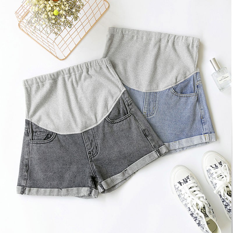 Quần short denim của phụ nữ mang thai, thời trang mùa hè mới nữ, legging rách rộng rãi, áo mỏng mặc bên ngoài cho