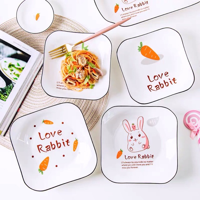 Đĩa sứ, bát sứ, thìa sứ, tô sứ hình LOVE RABBIT chú thỏ tinh nghịch ( bán lẻ) - VS379