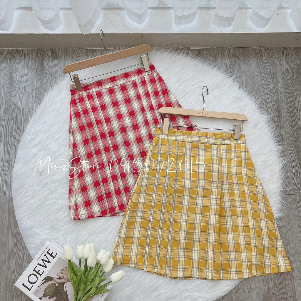 Chân Váy Công Sở Nữ MINZ STORE Dáng A, Xếp Ly 2 Bên, Hoạ Tiết Kẻ