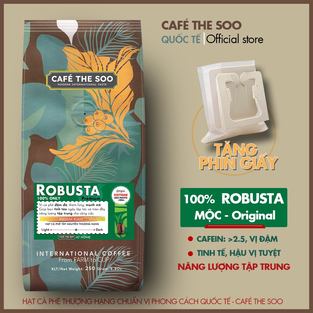 Cà phê Robusta rang mộc nguyên chất 100% vị truyền thống thơm nồng đậm đà pha phin cao cấp gói 250 gram từ Café The SOO