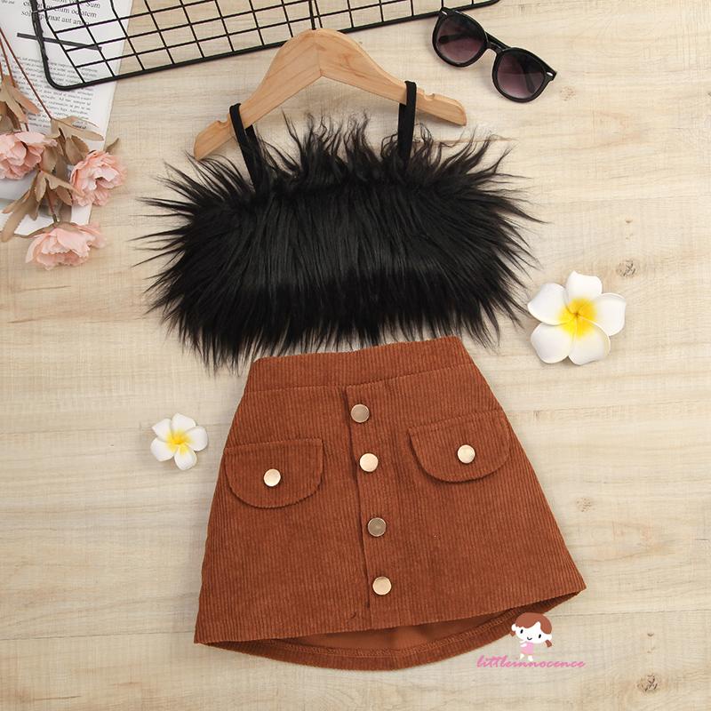 Set Áo Hai Dây Màu Trơn Họa Tiết Lông Vũ + Chân Váy Chữ A Lưng Cao Cài Nút Thời Trang Mùa Hè Cho Bé Gái