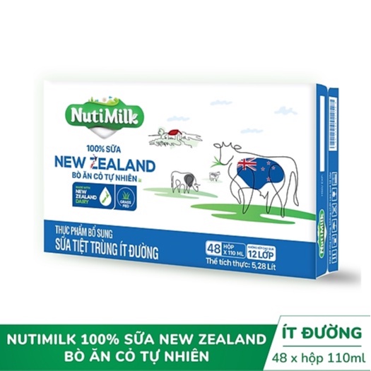 Thùng 48 Hộp 100% sữa New Zealand bò ăn cỏ tự nhiên ít đường 110ml