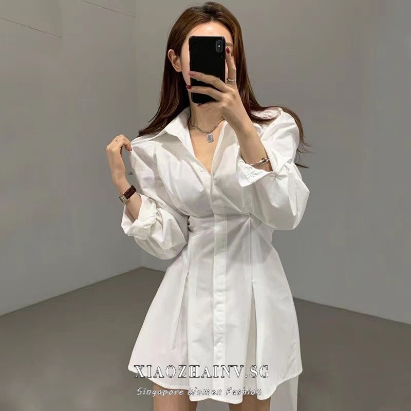 Xiaozhainv Đầm Sơ Mi Lưng Cao Cổ Bẻ Phong Cách Hàn Quốc Quyến Rũ Cho Nữ