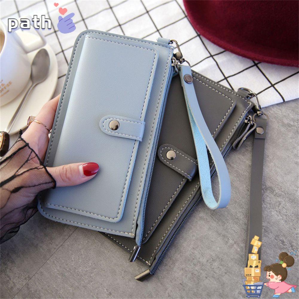 Ví dài cầm tay bằng da PU nhiều ngăn có khóa nút và dây kéo có nhiều màu dùng đựng thẻ/ tiền xu thời trang dành cho nữ