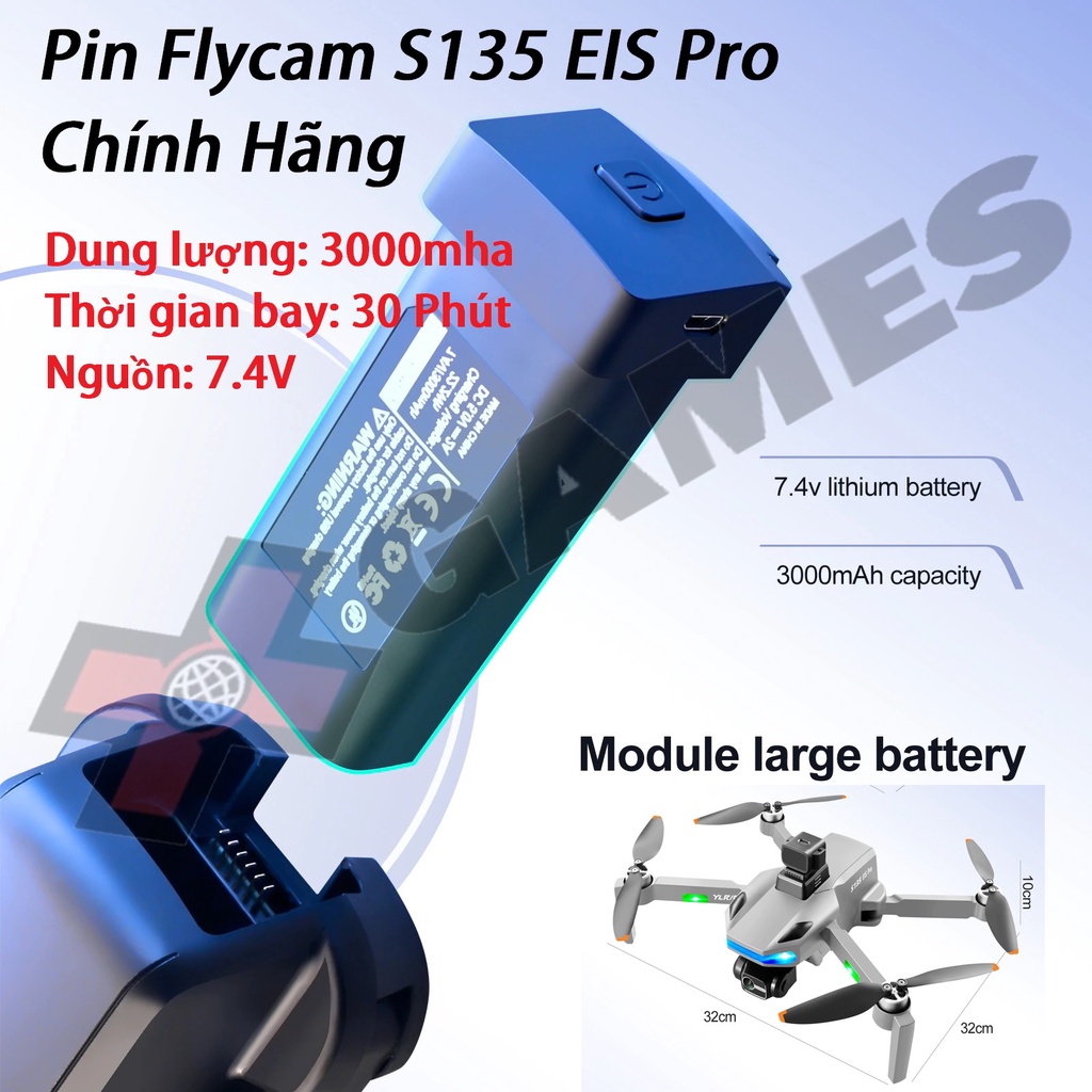 Pin Flycam S135 Pro EIS Drone Dung Lượng 3000Mah 7.4V Thời Gian Bay 30 Phút