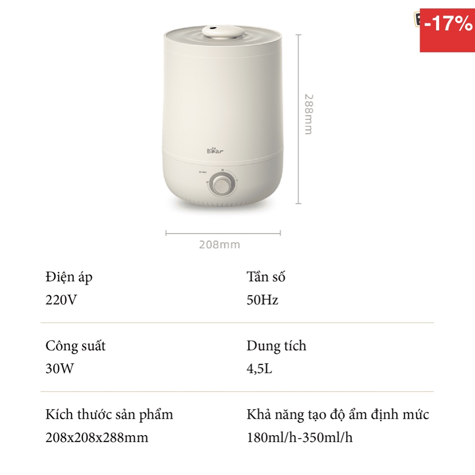 Máy Phun Sương Tạo Ẩm Bear JSQ-C45U1, Hàng chính hãng