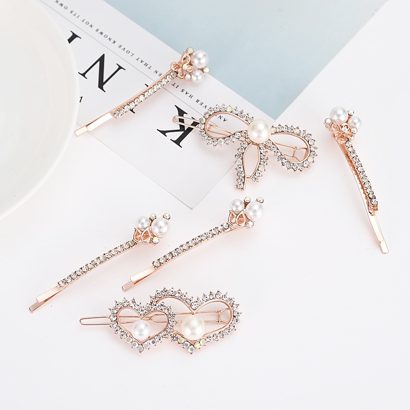 (Set 3 chiếc) Bộ Kẹp Tóc Hàn Quốc với Nơ Kim Cương và Kẹp Tóc ngọc trai đính đá cho bé gái - Phụ kiện trang sức