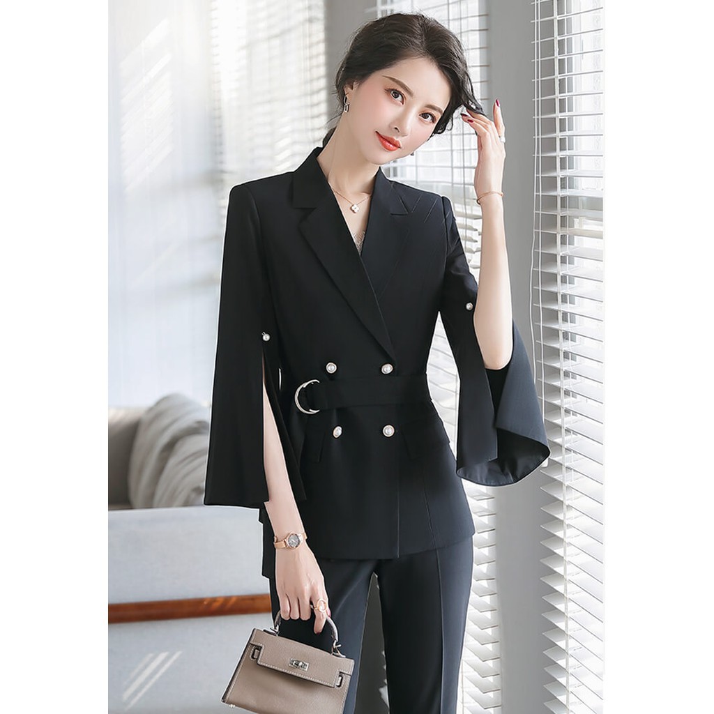 Bộ Vest Tay Xẻ Thắt Eo Cao Cấp - Set Vest Kaki Lụa Công Sở Sang Trọng Cho Nàng Doanh Nhân