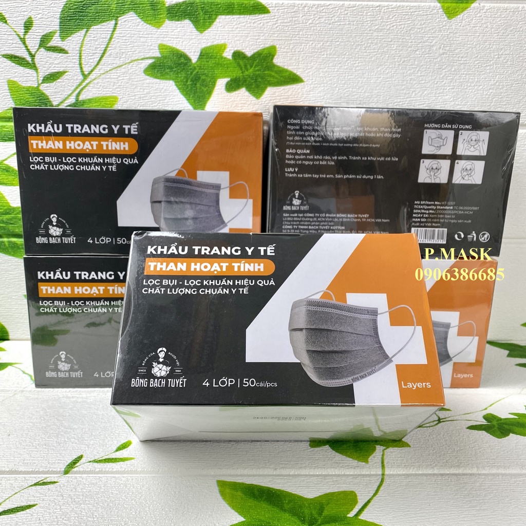 Combo 3 hộp Khẩu trang THAN HOẠT TÍNH 4 lớp BẠCH TUYẾT mới 50 cái / hộp chính hãng Bông Bạch Tuyết
