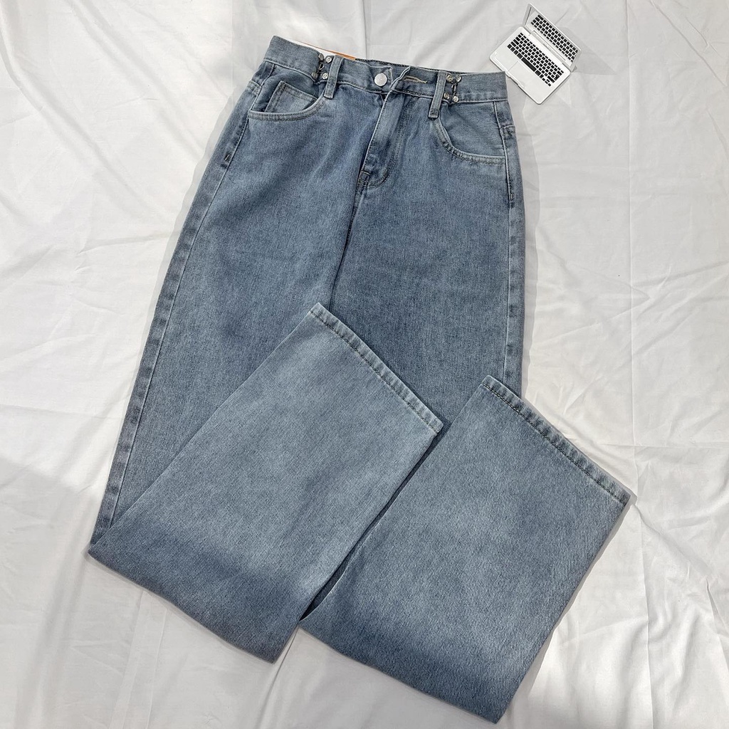 Quần Jean ống rộng YAYSHOP phong cách Uzzang họa tiết cài eo chất dày dặn tôn dáng