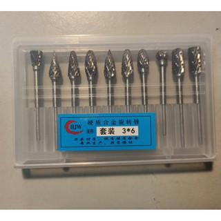 Bộ 10 mũi mài, doa hợp kim. Chân D3 mm, đầu mài D6mm. 10 kiểu hình.