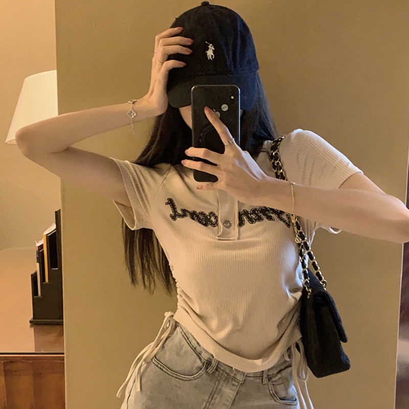 AMOI Áo Thun Tay Ngắn Phối Dây Rút Họa Tiết Sọc Caro Thời Trang Cho Nữ