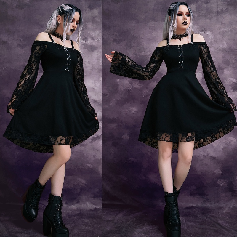Youyo Đầm Midi Dáng Chữ A Xếp Ly Tay Chuông Phối Ren Phong Cách Harajuku Gothic Đường Phố Dự Tiệc Cho Nữ