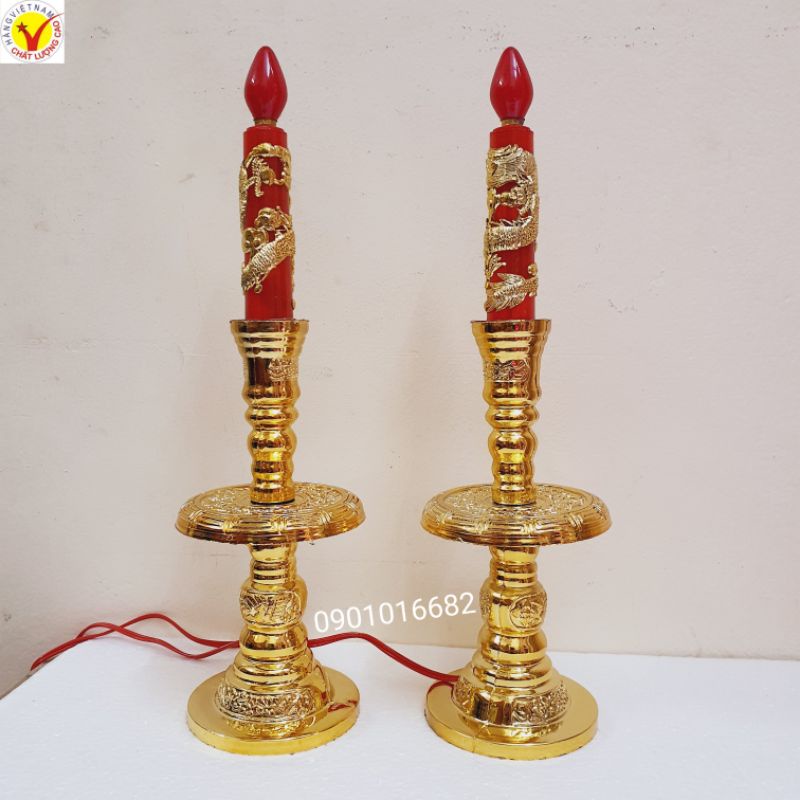 Đèn thờ cúng (đèn cầy) 1 cặp, lắp sẵn bóng lửa siêu đẹp hoặc bóng nhót truyền thống, có 2 cỡ cao 30 và 36cm.